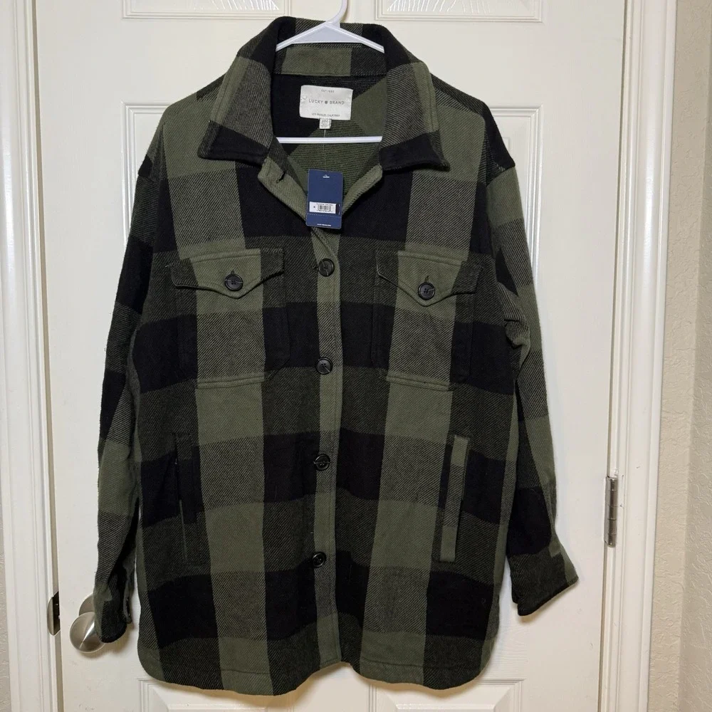 Lucky Brand NWT Shacket‎ Womens XL Green Black Plaid Flannel Oversized Pockets